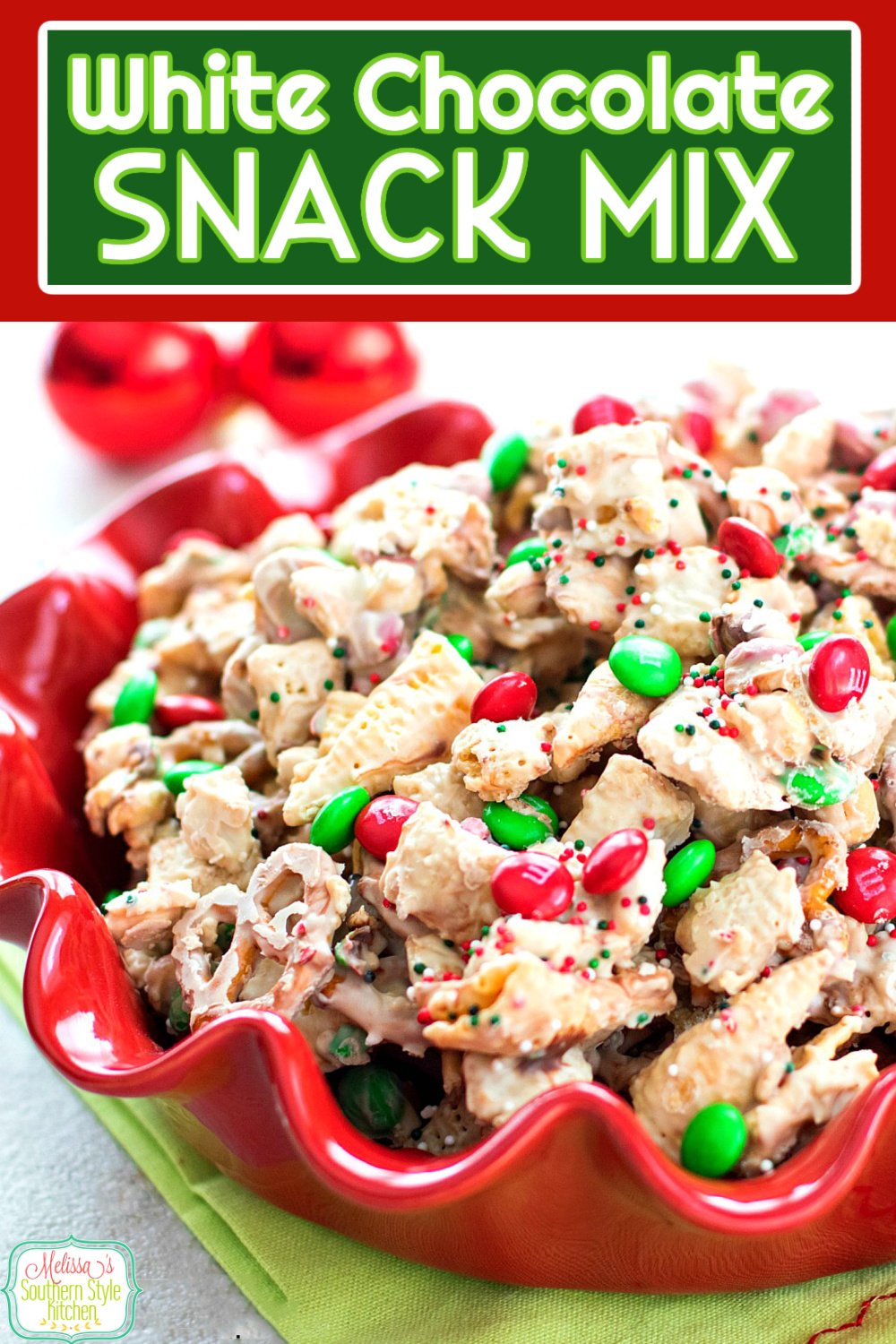 Add this insanely delicious White Chocolate Holiday Snack Mix to your holiday festivities this year! #whitechocolatesnackmix #whitechocolate #snackmix #christmassnacks #holidayreccipes #sweets #desserts #dessertfoodrecipes #chocolate #Christmascandy #holidayrecipes via @melissasssk