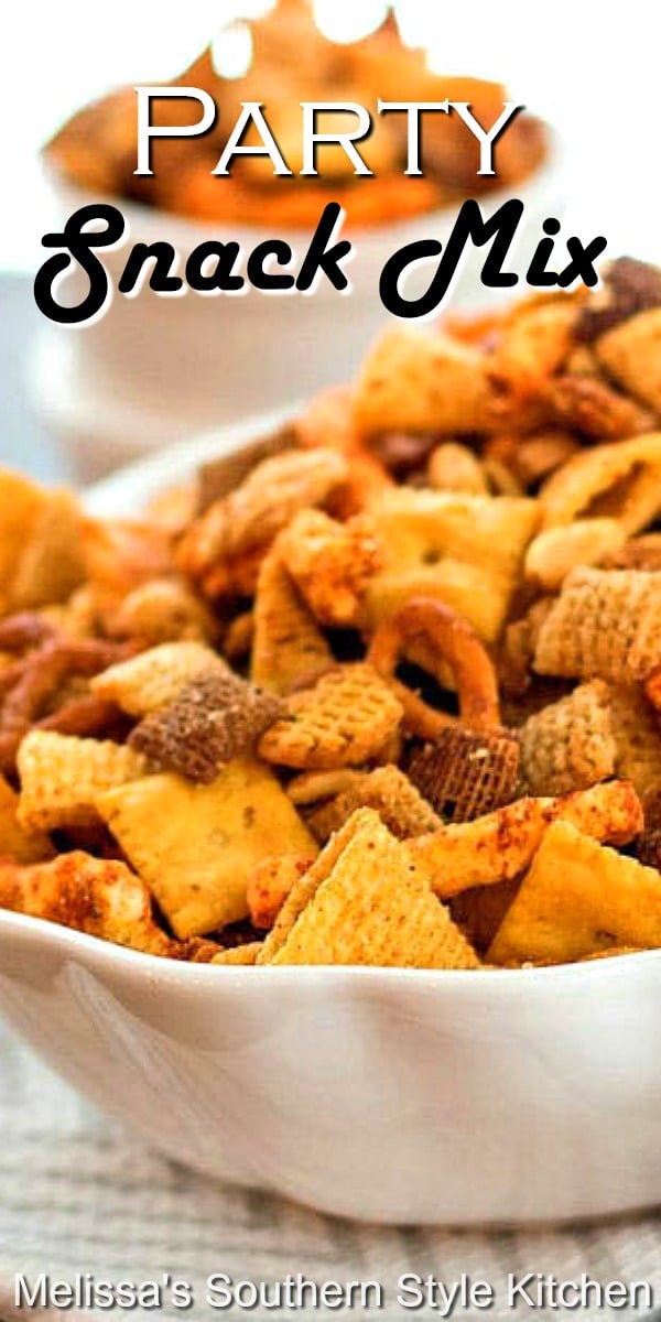 Whether you make this for snacking, family movie night or gift giving for friends, it's always a winner! #partysnackmix #partymix #homeadechexmix #snacking #appetizers #footballfood #superbowlfood #gamedayfood #homemadegifts #southernfood #southernrecipes #chexmix