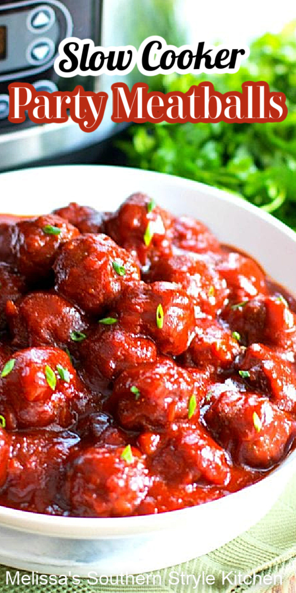 Make these Slow Cooker Party Meatballs and let your crockpot do the work #meatballs #partyfood #appetizers #partymeatballs #easygroundbeefrecipes #sweetandsour #sweetandspicy #beef #slowcookerrecipes #crockpotmeatballs #crockpotrecipes