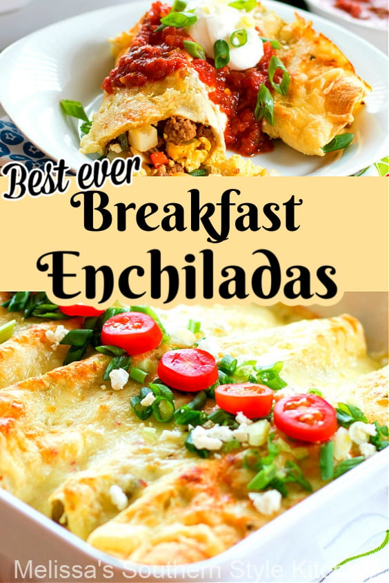 Breakfast Enchiladas wrap-up everything you love about breakfast in tortillas smothered with a creamy salsa verde sauce #breakfastenchiladas #breakfast #enchiladas #eggs #sausage #casseroles #brunch #mexicanfood #salsaverde #salsa #southernfood #southernrecipes