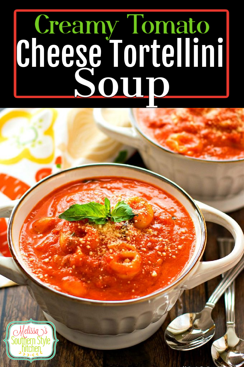 Looking for weekday meal inspiration? You can make this hearty Creamy Tomato Cheese Tortellini Soup for dinner in no time flat #cheesetortellini #tomatosoup #souprecipes #cheese #pasta #creamytomatosoup #dinnerrecipes #easyrecipes #southernrecipes #tortellini via @melissasssk