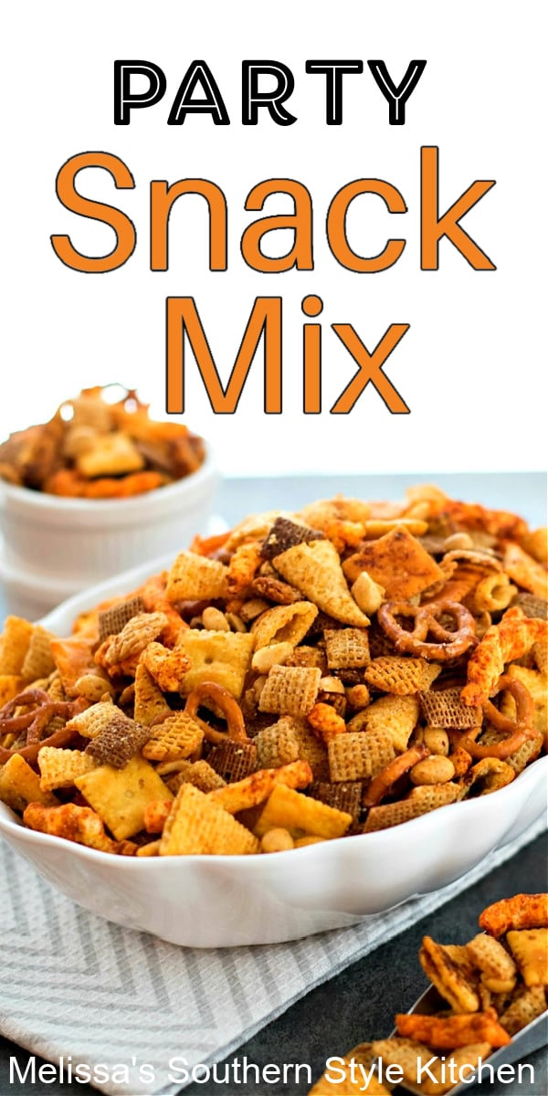 Whether you make this for snacking, family movie night or gift giving for friends, it's always a winner! #partysnackmix #partymix #homeadechexmix #snacking #appetizers #footballfood #superbowlfood #gamedayfood #homemadegifts #southernfood #southernrecipes #chexmix