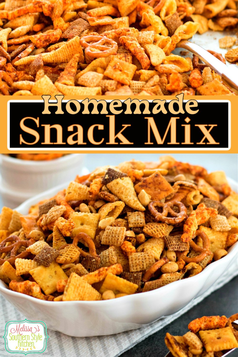 Whether you make this for snacking, family movie night or gift giving for friends, it's always a winner! #partysnackmix #partymix #homeadechexmix #snacking #appetizers #footballfood #superbowlfood #gamedayfood #homemadegifts #southernfood #southernrecipes #chexmix via @melissasssk