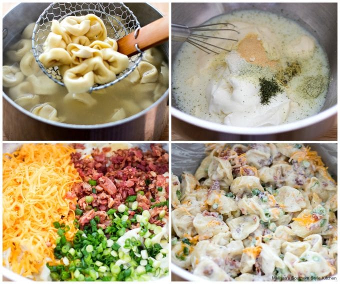 Cooked tortellini and ingredients needed to make Cheddar Bacon Ranch Tortellini Salad