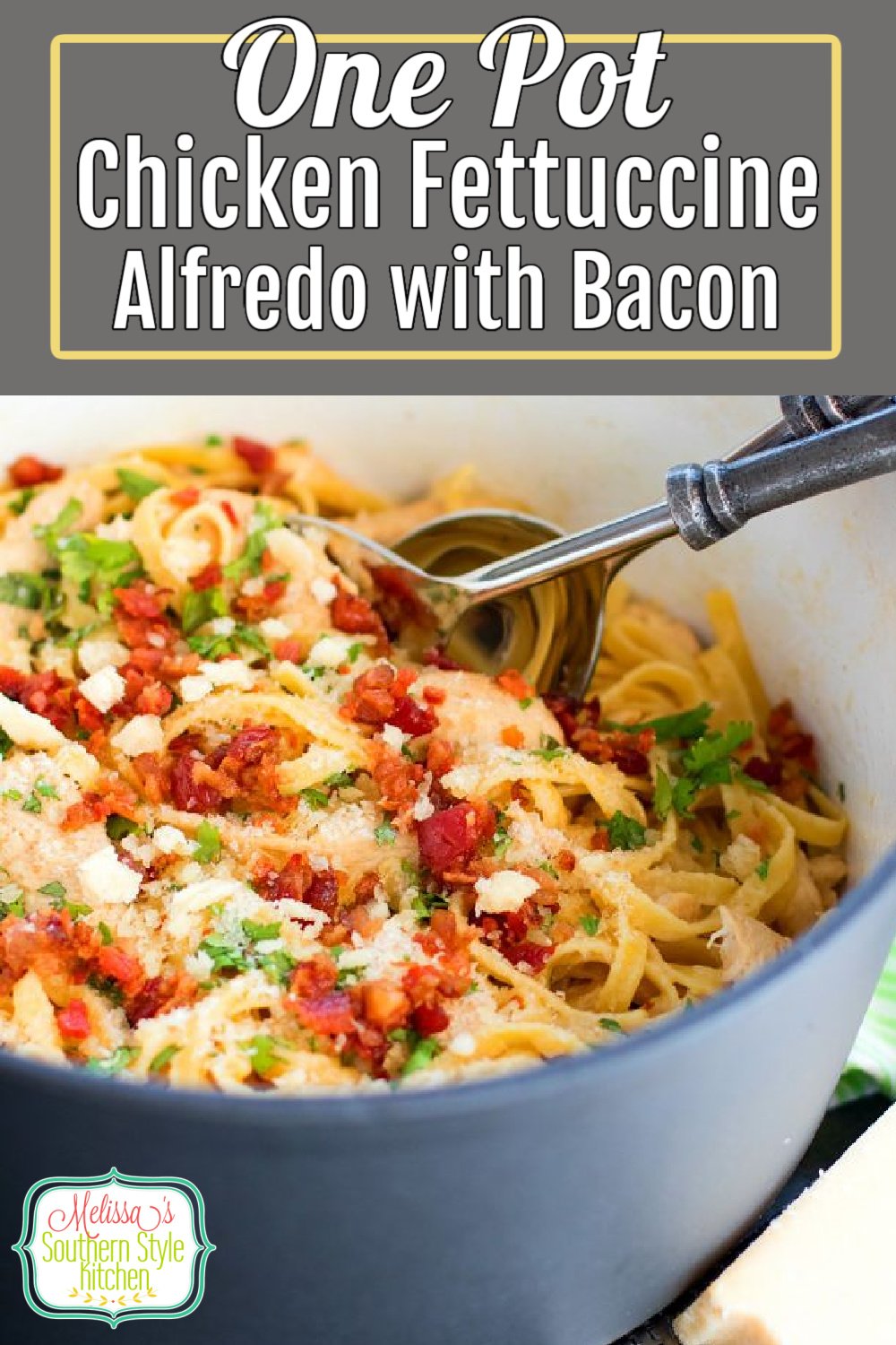 Save money and time and make this One Pot Chicken Fettuccine Alfredo with Bacon at home #fettuccinealfredo #Italianrecipes #alfredosauce #dinner #chickenrecipes #onepotmeals #chicken #pastarecipes #easydinnerideas #dinnerideas #bacon #southernrecipes #southernfood via @melissasssk