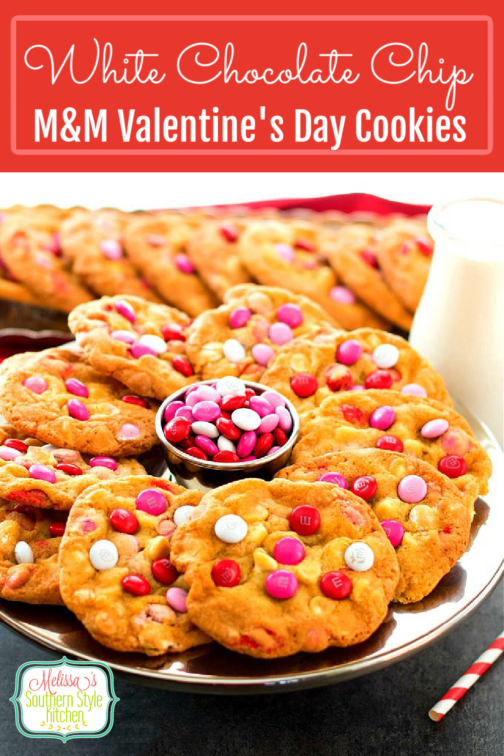 Bake something yummy for your sweetie this Valentine's Day #whitechocolatechipcookies #m&ms #vanetinesdaydesserts #cookierecipes #holidaybaking #whitechocolate #cookierecipes #southernrecipes via @melissasssk