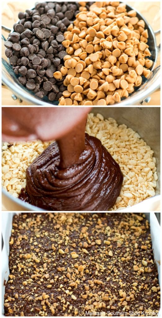 Step-by-step pictures melting chocolate and peanut butter chips