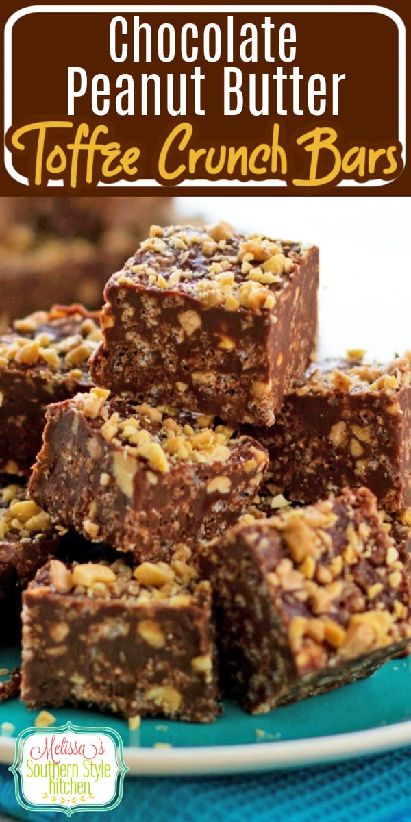 These Chocolate Peanut Butter Toffee Crunch Bars are easy-to-make AND no-bake, too! #chocolatepeanutbuttertoffeecrunchbars #crunchbars #chocolate #peanutbutter #desserts #nobake #toffee #dessertfoodrecipes #springdesserts #picnicfood #southernrecipes #southernfood #candy #christmascandy via @melissasssk