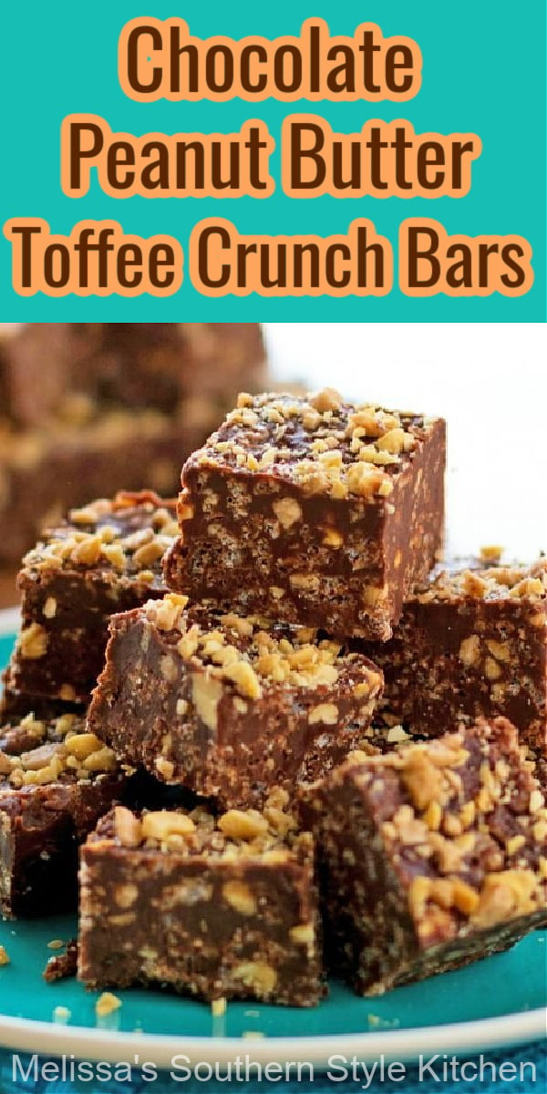 These Chocolate Peanut Butter Toffee Crunch Bars are easy-to-make AND no-bake, too! #chocolatepeanutbuttertoffeecrunchbars #crunchbars #chocolate #peanutbutter #desserts #nobake #toffee #dessertfoodrecipes #springdesserts #picnicfood #southernrecipes #southernfood #candy #christmascandy