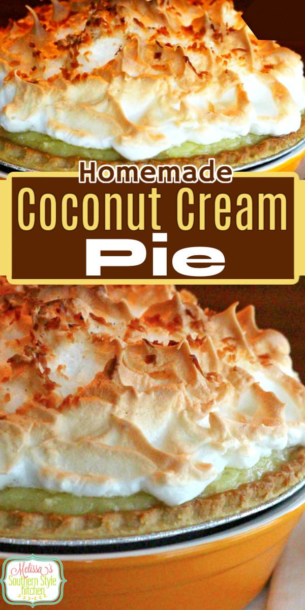 This scratch made Coconut Cream Pie is topped with a fluffy golden mile high meringue for the crowning touch #coconutcream #coconutcreampie #pierecipes #coconutpierecipes #southerndesserts #dessertfoodrecipes via @melissasssk
