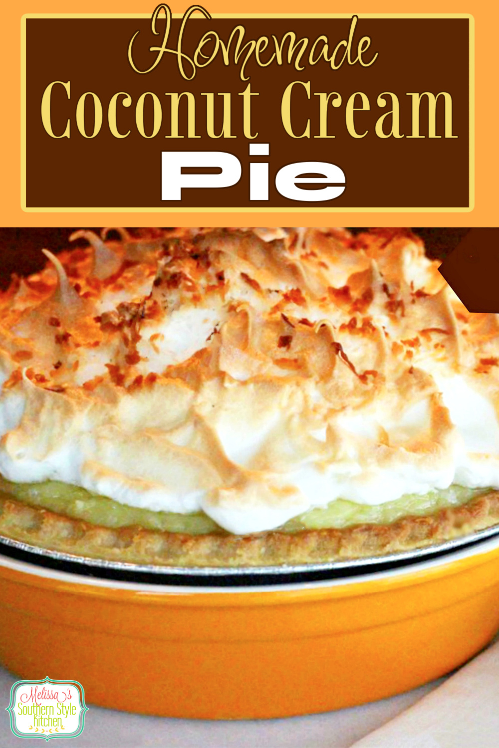 This scratch made Coconut Cream Pie is topped with a fluffy golden mile high meringue for the crowning touch #coconutcream #coconutcreampie #pierecipes #coconutpierecipes #southerndesserts #dessertfoodrecipes via @melissasssk
