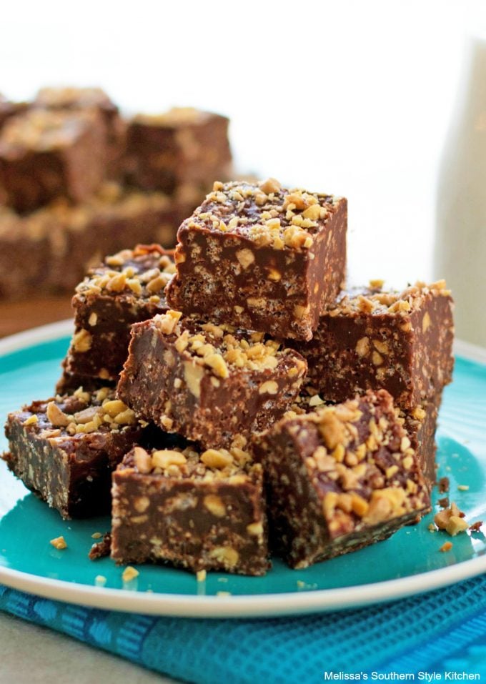 Chocolate Peanut Butter Toffee Crunch Bars on a plate