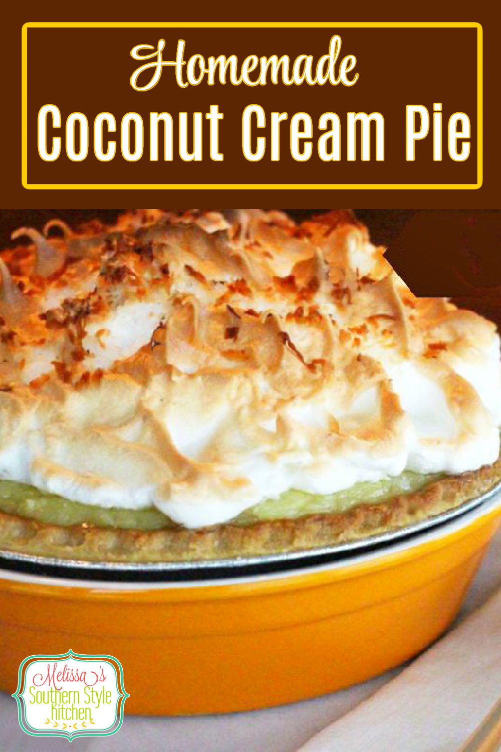 This scratch made Coconut Cream Pie is topped with a fluffy golden mile high meringue for the crowning touch #coconutcream #coconutcreampie #pierecipes #coconutpierecipes #southerndesserts #dessertfoodrecipes