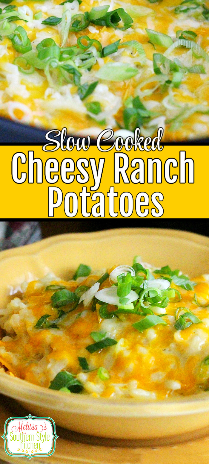 Skip the oven and simmer these gooey ranch potatoes in your slow cooker #ranchpotatoes #slowcookercheesyranchpotatoes #potatocasserole #slowcookerrecipes #crockpotpotatoes #potatocasserole #ranchdressing #sidedishrecipes #dinner #dinnerrecipes #southernfood #southernrecipes
