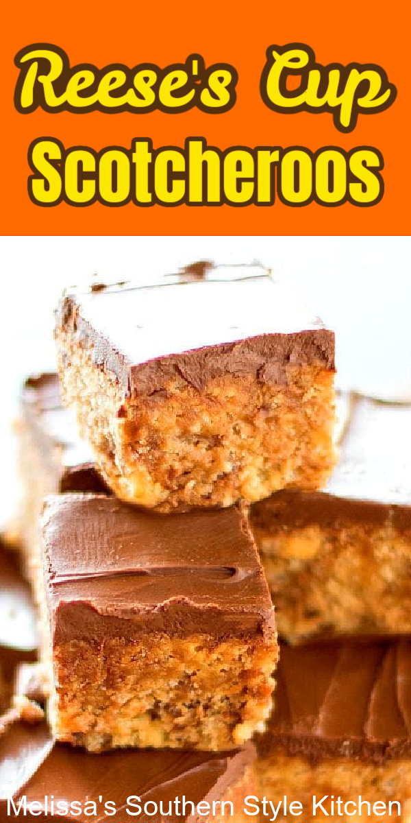 Satisfy your sweet tooth with these easy Reese's Cup Scotcheroos #reesescups #peanutbutter #scotcheroos #chocolate #nobakedesserts #holidayrecipes #dessertfoodrecipes #southernfood #southernrecipes #desserts
