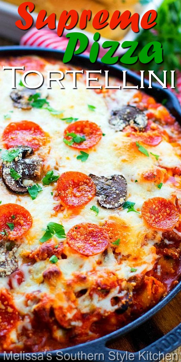 This cheese tortellini bake is a mash-up of pasta and supreme pizza rolled into one delectable meal #supremepizza #supremepizzapasta #cheesetortellini #cheese #pastarecipes #tortellini #casseroles #pasta #dinner #dinnerideas #italianfood #southernrecipes #southernfood #italiansausage via @melissasssk