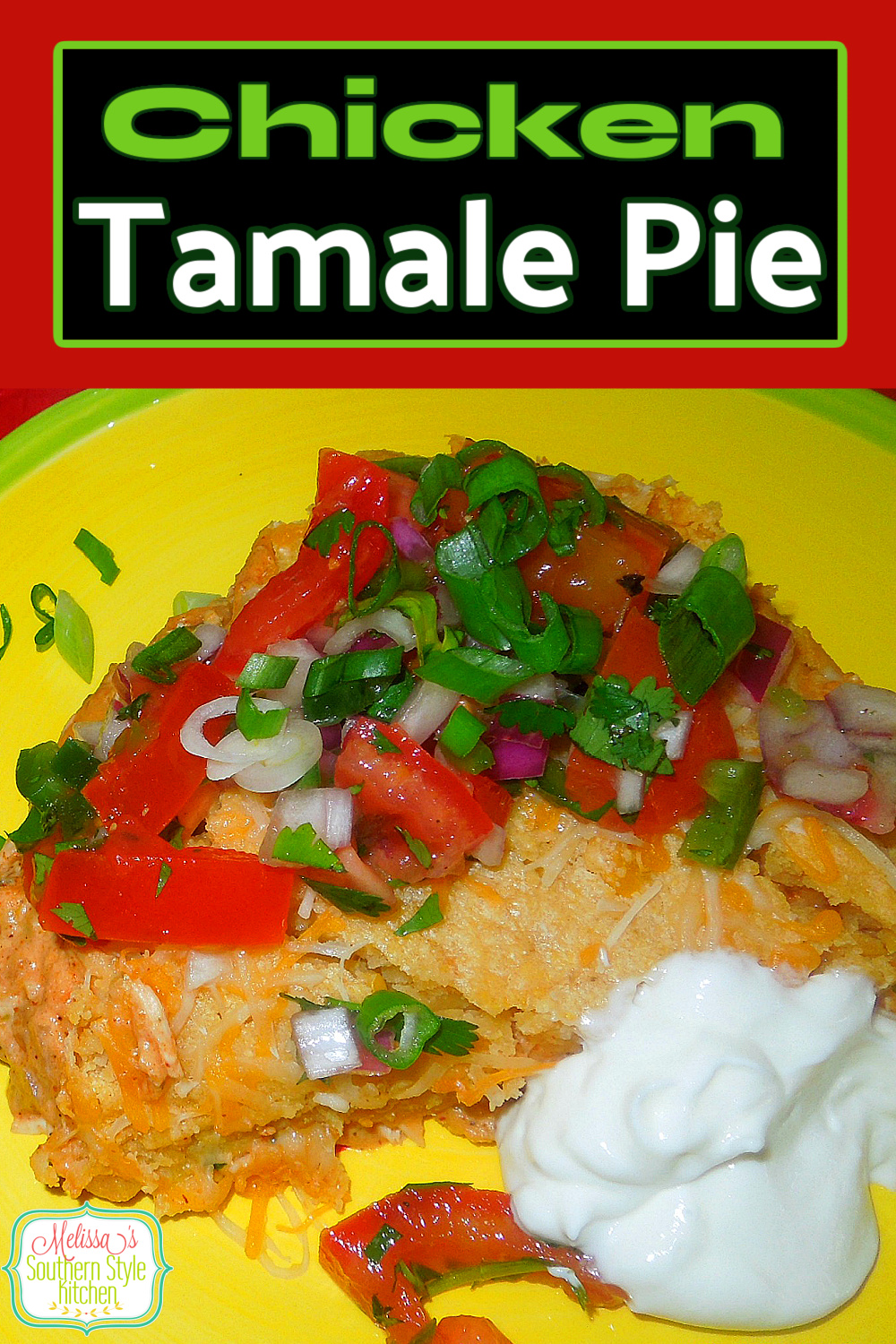 This festive Chicken Tamale Pie is a delicious Mexican inspired dish made with easy to find ingredients! #chickentamales #chickenpie #chickentamalepie #easychickenrecipes #mexicanchicken #chickencasseroles #cornbread #tamales via @melissasssk