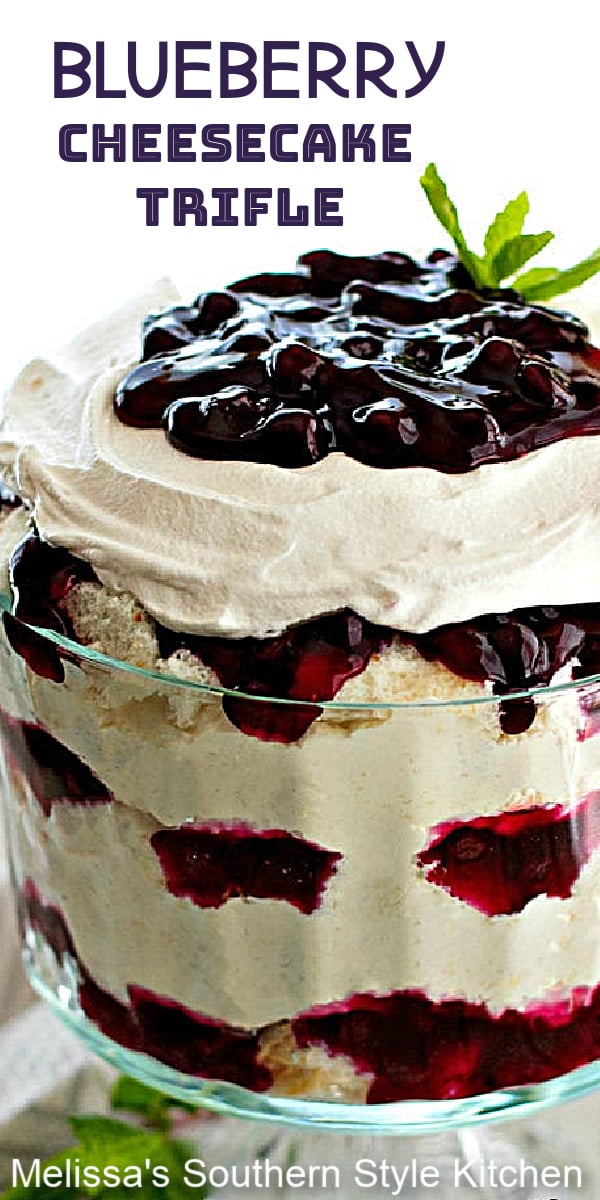 Layers of blueberries and cheesecake shine in this Easy Blueberry Cheesecake Trifle #cheesecaketrifle #blueberrytrifle #blueberrycheesecaketrifle #blueberries #desserts #dessertfoodrecipes #holidaydesserts #picnicfood #mothersdaydesserts #easter #southernfood #southernrecipes via @melissasssk