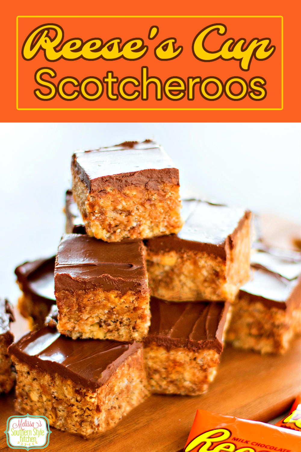 Satisfy your sweet tooth with these easy Reese's Cup Scotcheroos #reesescups #peanutbutter #scotcheroos #chocolate #nobakedesserts #holidayrecipes #dessertfoodrecipes #southernfood #southernrecipes #desserts via @melissasssk