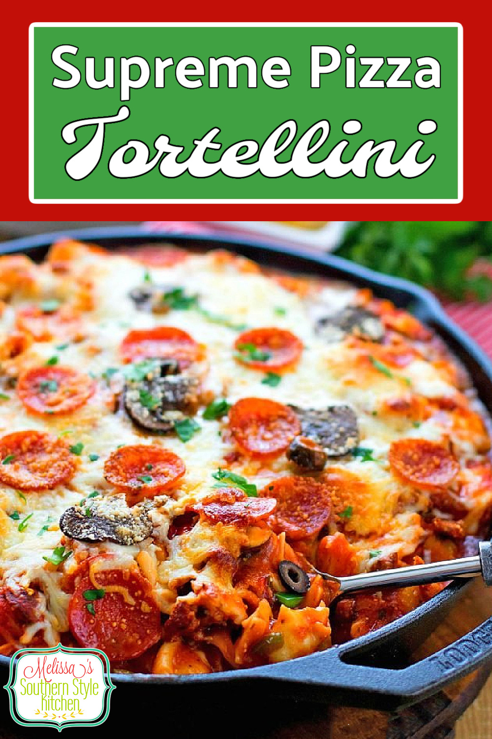 This cheese tortellini bake is a mash-up of pasta and supreme pizza rolled into one delectable meal #supremepizza #supremepizzapasta #cheesetortellini #cheese #pastarecipes #tortellini #casseroles #pasta #dinner #dinnerideas #italianfood #southernrecipes #southernfood #italiansausage via @melissasssk