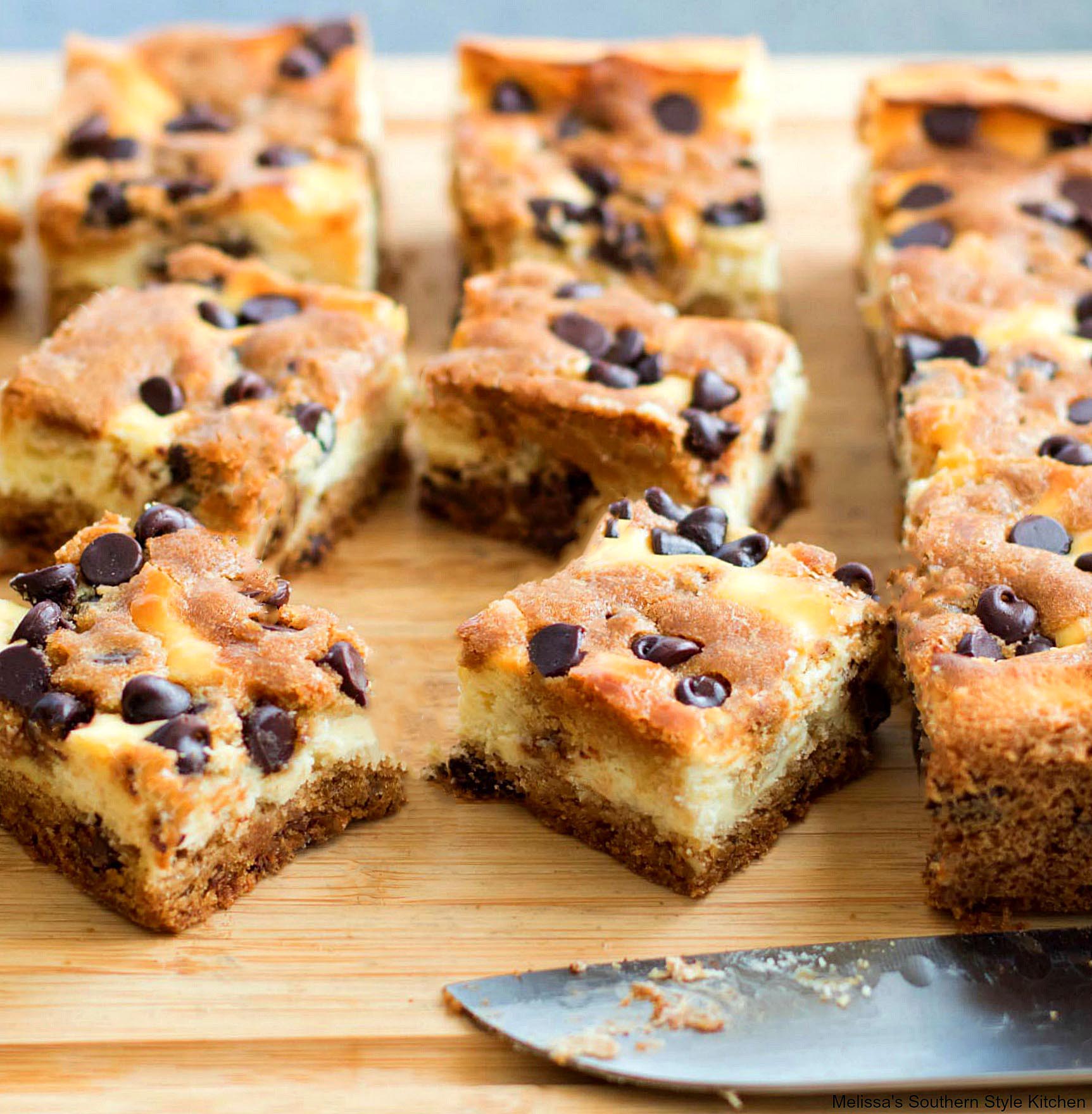 Chocolate Chip Cheesecake Bars on a cutting board