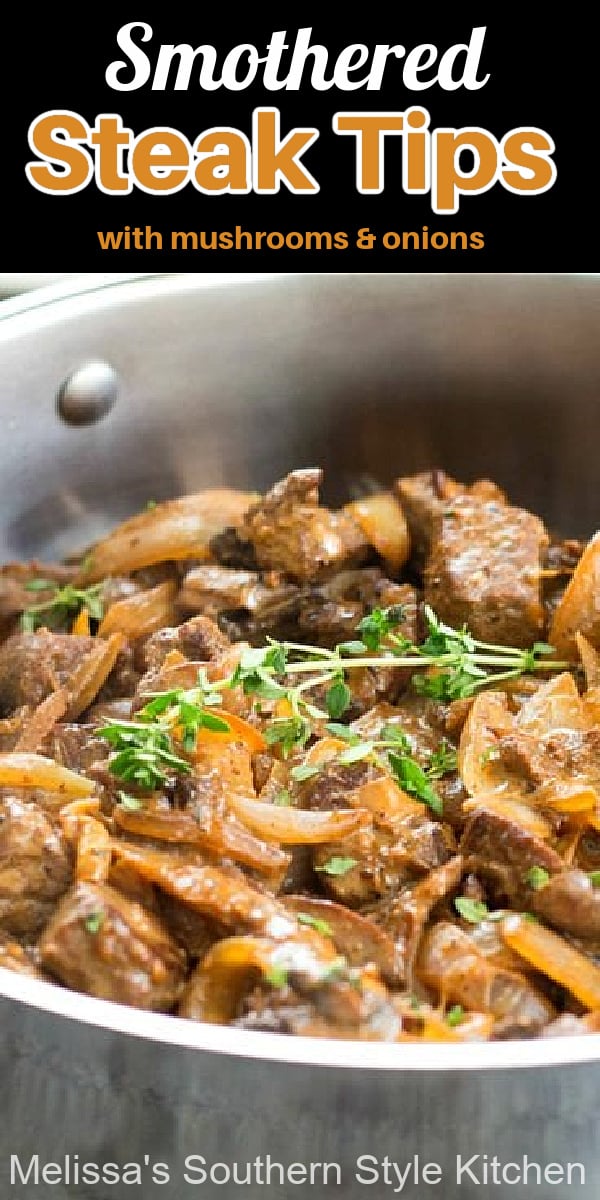 Your family will swoon for these tender Smothered Steak Tips with mushrooms and onions #steak #steakrecipes #beststeakrecipes #beef #dinner #dinnerideas #easyrecipes #southnernrecipe #dinnerideas