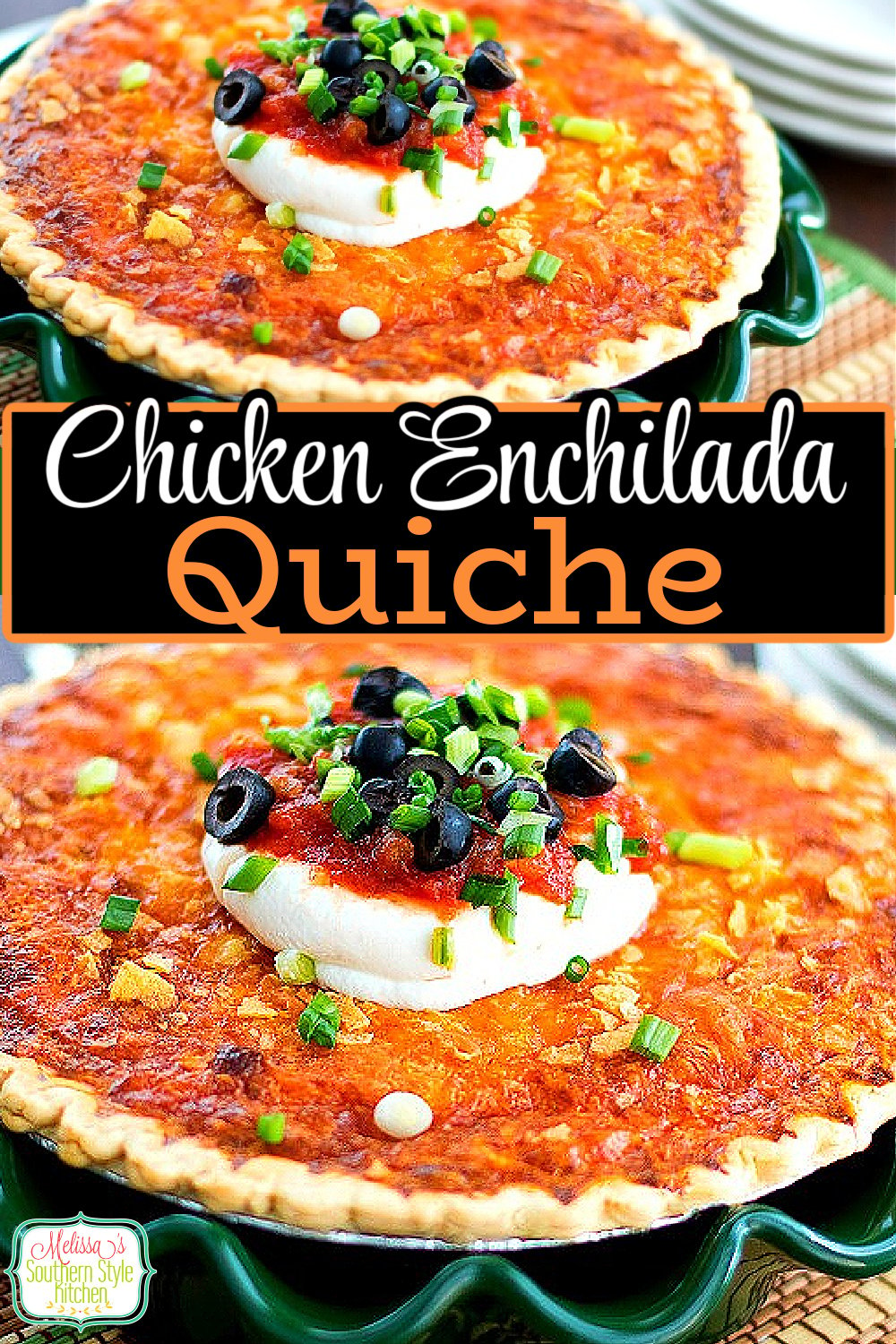 This easy Chicken Enchilada Quiche is a stellar option for a meal any time of day. #quicherecipes #easychickenrecipes #chickenenchiladas #chickenquiche #quiche #chickenrecipes #brunch #breakfast #southernrecipes via @melissasssk