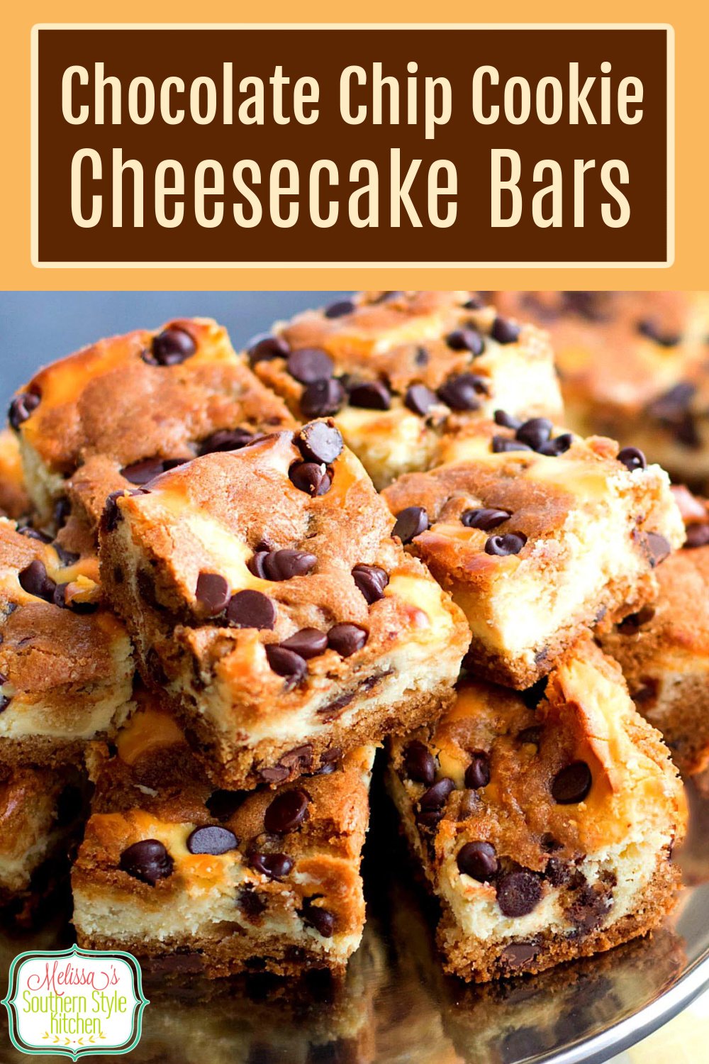 Cheesecake and chocolate chip cookies collide in these easy Chocolate Chip Cookie Cheesecake Bars #chocolatechipcookies #cheesecake #chocolatechipcheesecakebars #cookiebars #cookierecipes #holidaybaking #cheesecakerecipes #southerndesserts via @melissasssk