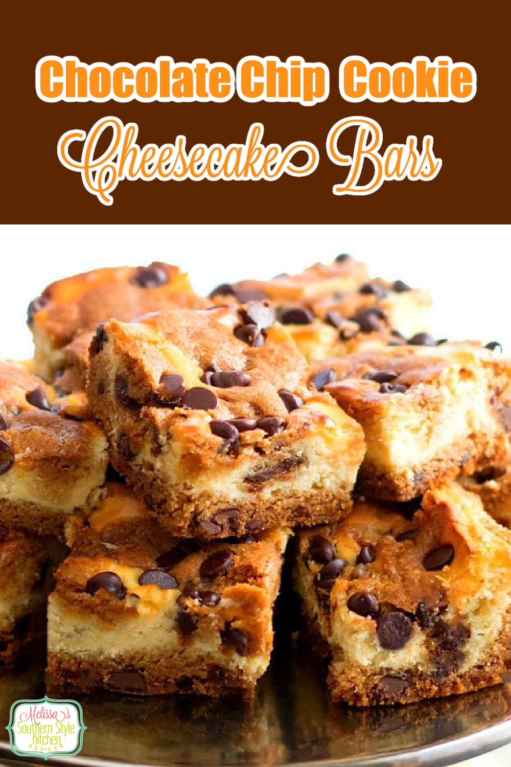 Cheesecake and chocolate chip cookies collide in these easy Chocolate Chip Cookie Cheesecake Bars #chocolatechipcookies #cheesecake #chocolatechipcheesecakebars #cookiebars #cookierecipes #holidaybaking #cheesecakerecipes #southerndesserts
