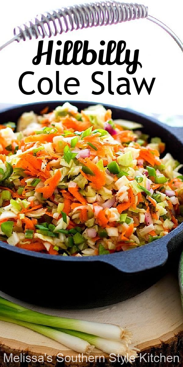 The sweet and tangy vinegar based dressing sets this cole slaw recipe apart from it's mayo-dressed counterparts. The fun name is inspired by a log cabin restaurant by the same name #coleslaw #vinegardressing #coleslawrecipes #deliciousrecipes #salads #summersides #sidedishrecipes #southernfood #southernrecipes #cabbagerecipes