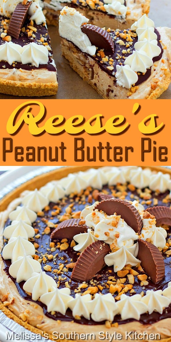 This Reese's Peanut Butter Pie is delicious to the very last crumb! #peanutbutterpie #reesescups #reesespie #peanutbutter #pierecipes #pie #Reeses #desserts #dessertfoodrecipes #southernfood #southernrecipes via @melissasssk