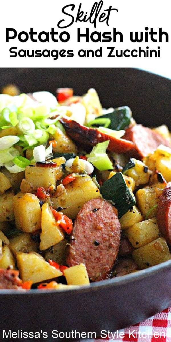 This skillet potato hash is filled with fresh zucchini and kielbasa making it a meal you can enjoy any time of day #potatohash #skilletmeals #zucchinirecipes #kielbasa #smokedsausage #food #dinnerideas #dinner #castironcooking #southernfood #southernrecipes #brunch #breakfast #potatoes