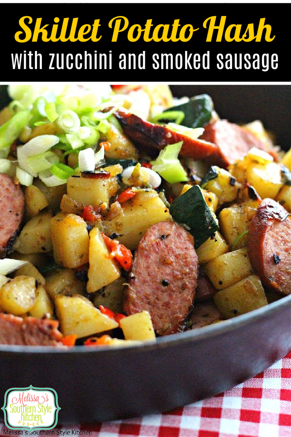 This skillet potato hash is filled with fresh zucchini and kielbasa making it a meal you can enjoy any time of day #potatohash #skilletmeals #zucchinirecipes #kielbasa #smokedsausage #food #dinnerideas #dinner #castironcooking #southernfood #southernrecipes #brunch #breakfast #potatoes via @melissasssk