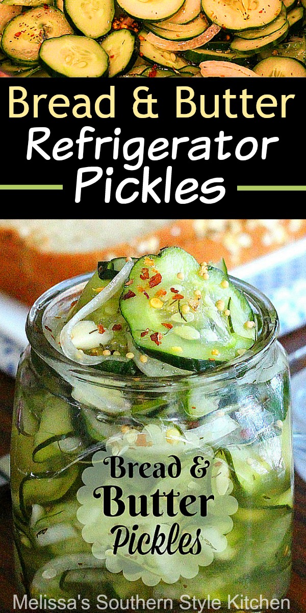 Make sweet and tangy homemade Bread and Butter Refrigerator Pickles for burgers, sandwiches, salads and snacking #refrigeratorpickles #breadandbutterpickles #pickles #picklerecipes #sidedishrecipes #southernfood #southernrecipes #sweetpickles #cucumberrecipes #cucumbers