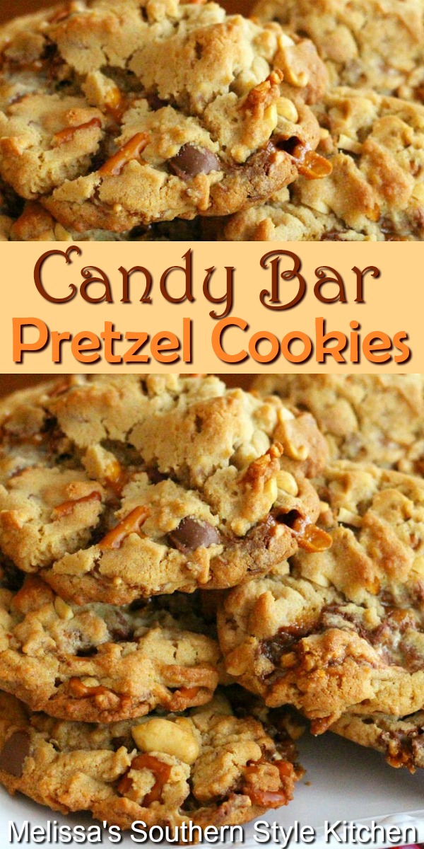 These sweet and salty cookies won't last long in your cookie jar! #candybarcookies #candybarpretzelcookies #cookies #cookierecipes #christmascookies #pretzels #holidaybaking #cookiejar #candybars #desserts #dessertfoodrecipes #southernrecipes #southernfood #fallbaking