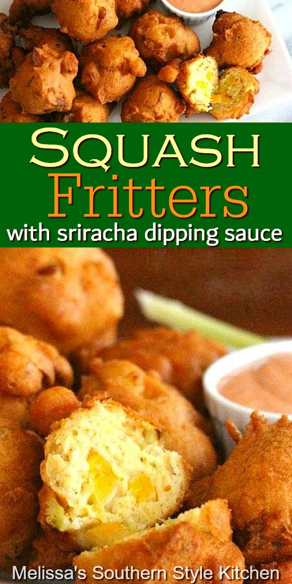 Serve these hushpuppy-like crispy Squash Fritters with a spicy sriracha sauce for dipping #squashfritters #squash #fritters #summerrecipes #hushpuppies #srirachasauce #yellowsquash #sidedishrecipes #appetizers #southernrecipes #southernfood