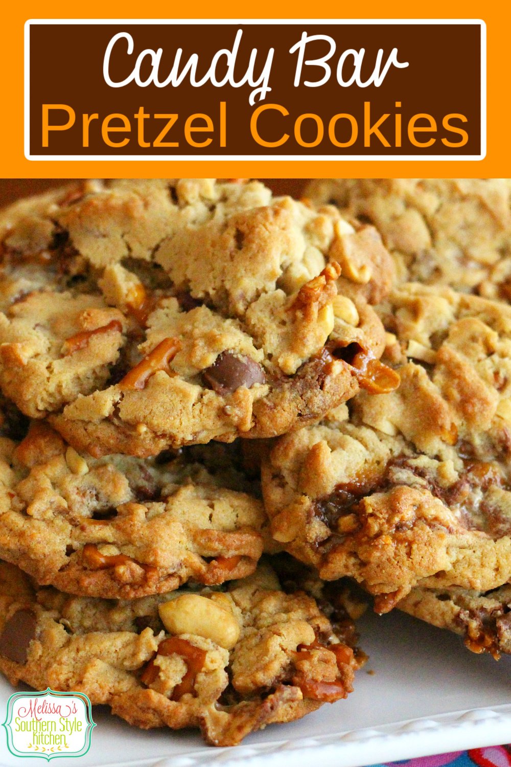 These sweet and salty Candy Bar Pretzel Cookies won't last long in your cookie jar! #candybarcookies #candybarpretzelcookies #cookies #cookierecipes #christmascookies #pretzels #holidaybaking #cookiejar #candybars #desserts #dessertfoodrecipes #southernrecipes #southernfood #fallbaking via @melissasssk