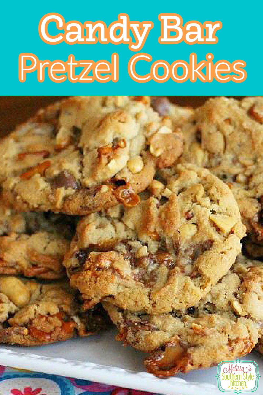 These sweet and salty Candy Bar Pretzel Cookies won't last long in your cookie jar! #candybarcookies #candybarpretzelcookies #cookies #cookierecipes #christmascookies #pretzels #holidaybaking #cookiejar #candybars #desserts #dessertfoodrecipes #southernrecipes #southernfood #fallbaking