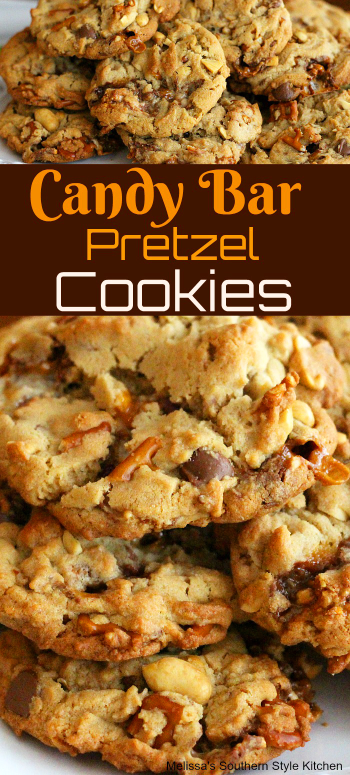 These sweet and salty Candy Bar Pretzel Cookies won't last long in your cookie jar! #candybarcookies #candybarpretzelcookies #cookies #cookierecipes #christmascookies #pretzels #holidaybaking #cookiejar #candybars #desserts #dessertfoodrecipes #southernrecipes #southernfood #fallbaking