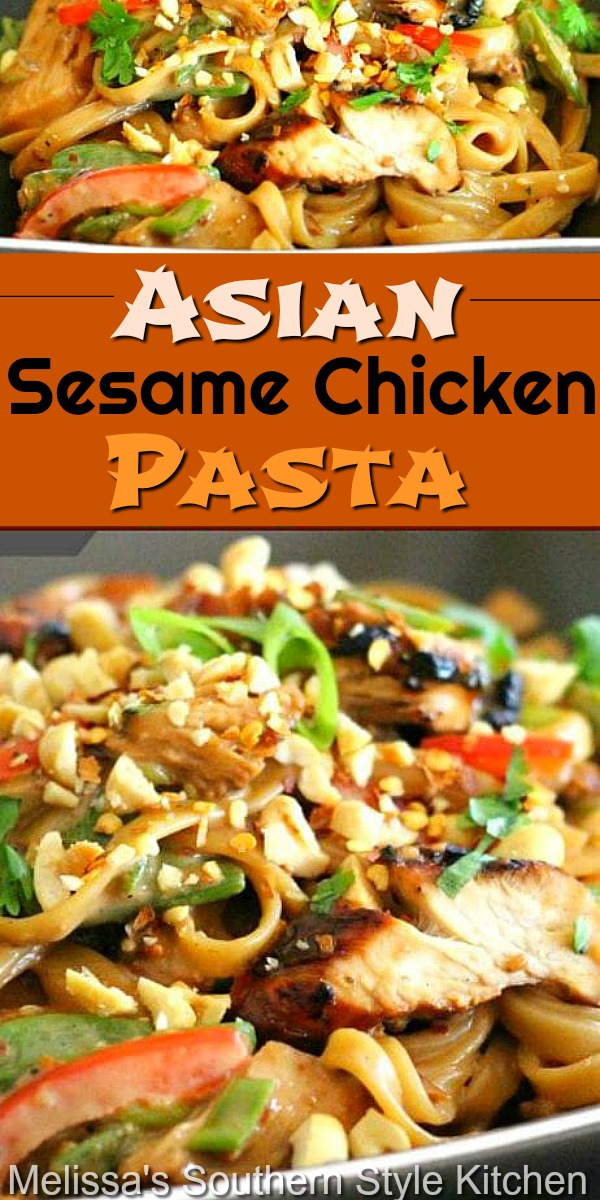 This Asian Sesame Chicken Pasta is delicious warm, at room temperature or chilled #asianchicken #sesamechicken #easychickenrecipes #sesamepasta #pastarecipes #dinner #dinnerideas #southernfood #southernrecipes #pasta