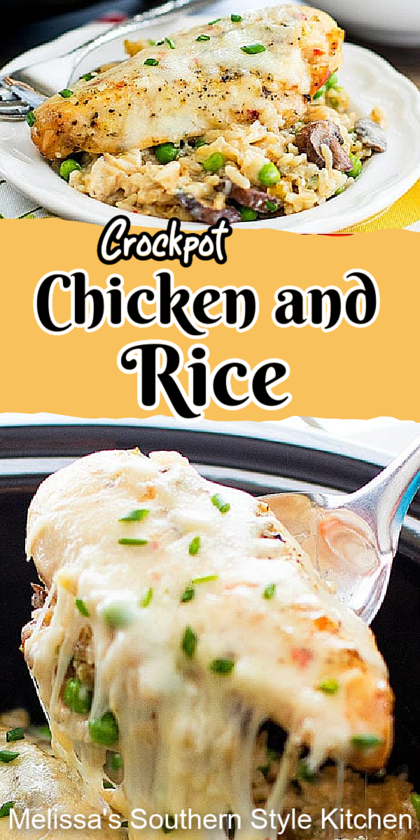 Make this Crockpot Chicken and Rice for dinner tonight #chickenrecipes #chickenandrice #crockpotrecipes #slowcooking #ricerecipes #easychickenbreastrecipes #southernrecipes #southernfood #dinner