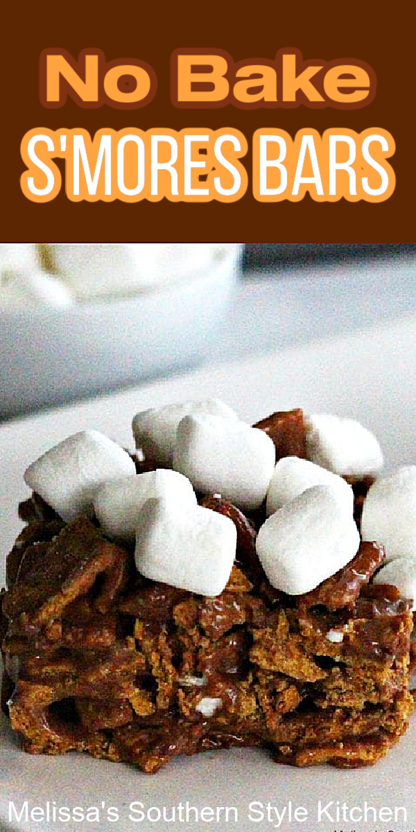 No campfire needed to make these No-Bake S'mores Bars. #smoresbars #campfiresmores #marshmallows #cereal #easysmores #desserts #dessertfoodrecipes #smores #chocolate #southernrecipes via @melissasssk