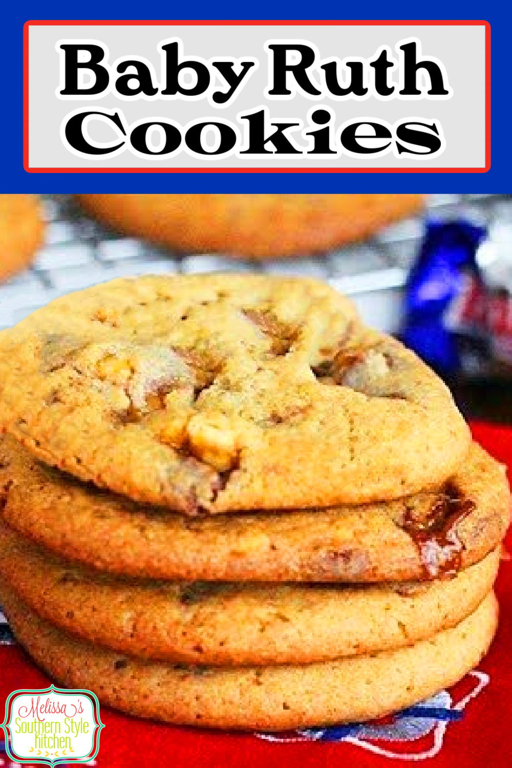 Buttery candy bar Baby Ruth Cookies never last long in your cookie jar #babyruthcookies #babyruthcandy #candybarcookies #peanutbuttercookies #peanutbutter #peanuts #cookierecipes #holidaybaking #desserts #dessertfoodrecipes #southernfood #southernrecipes via @melissasssk