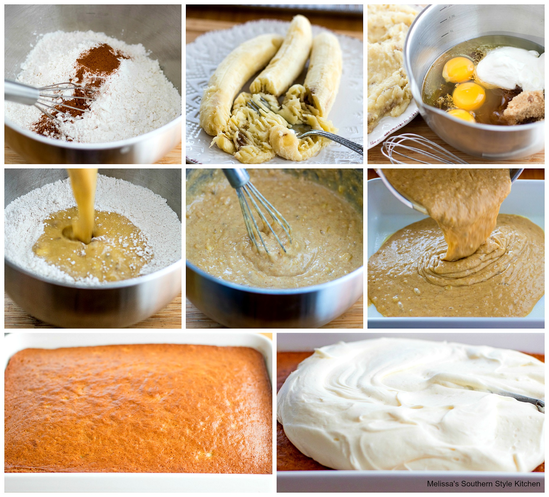 step-by-step images and ingredients to make banana cake