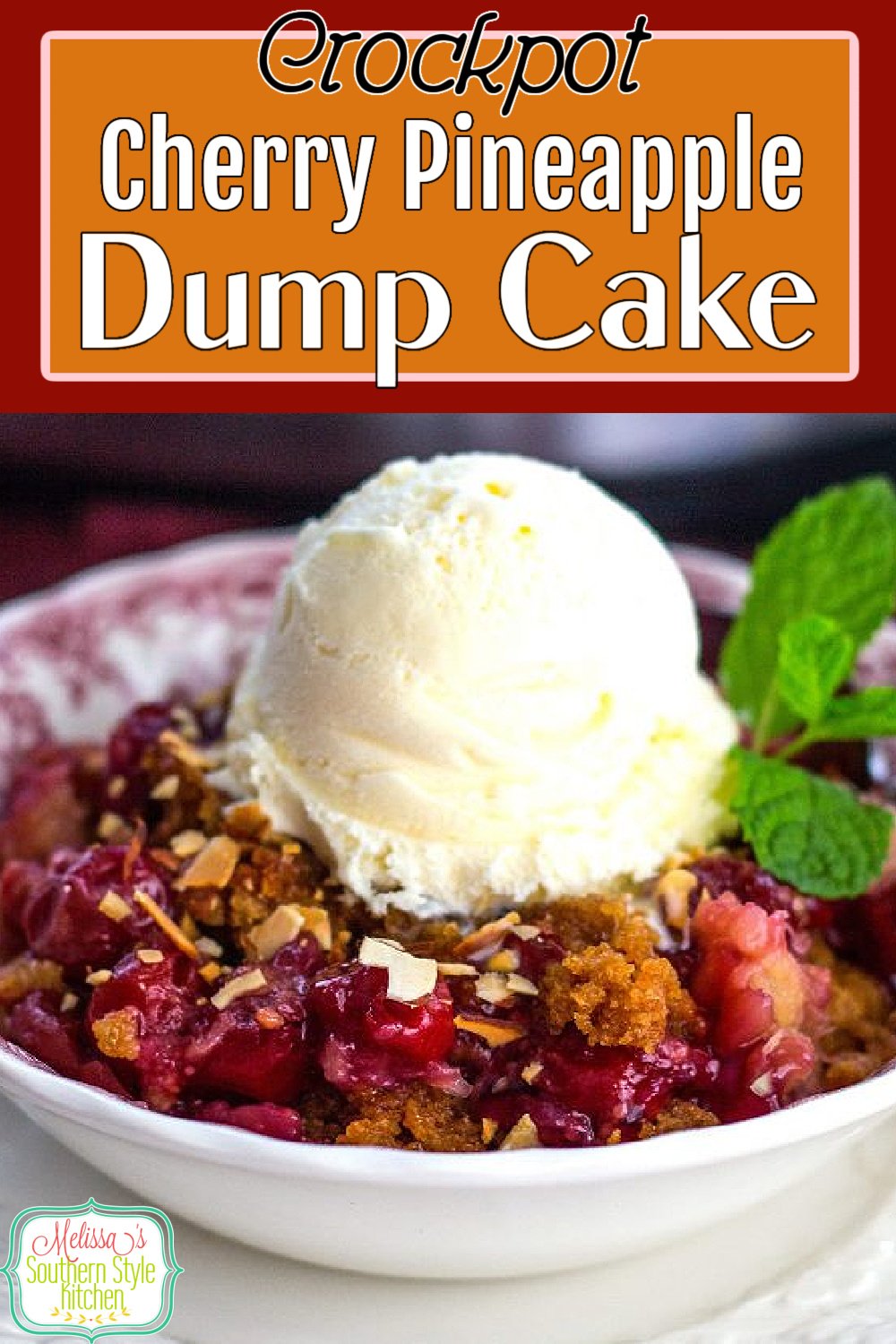 Crockpot Cherry Pineapple Dump Cake can be served straight from the crockpot with a sprinkling of toasted almonds and vanilla ice cream #dumpcakes #dumpcakerecipe #cakes #cakerecipes #easydesserts #crockpotdumpcake #cherrydumpcake #pineappledumpcake #cherrypineappledumpcake #slowcookeddumpcake via @melissasssk