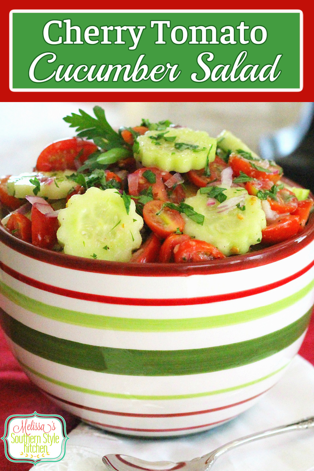 Sweet cherry tomatoes and cucumbers shine in this simple and delicious fresh salad #tomatocucumbersalad #tomatoes #cucumbers #salads #easysaladrecipes #food #sidedishrecipes #southernfood #southernecipes #cherrytomatoes