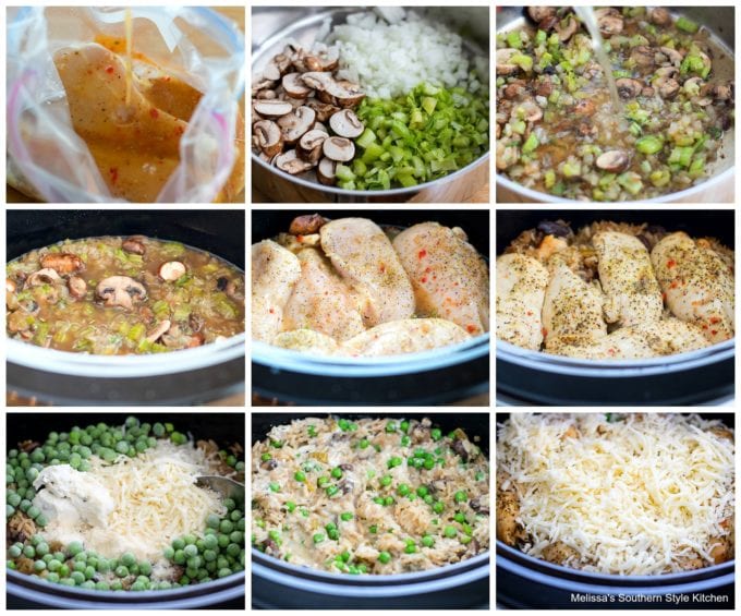 step-by-step images and ingredients for crockpot chicken and rice