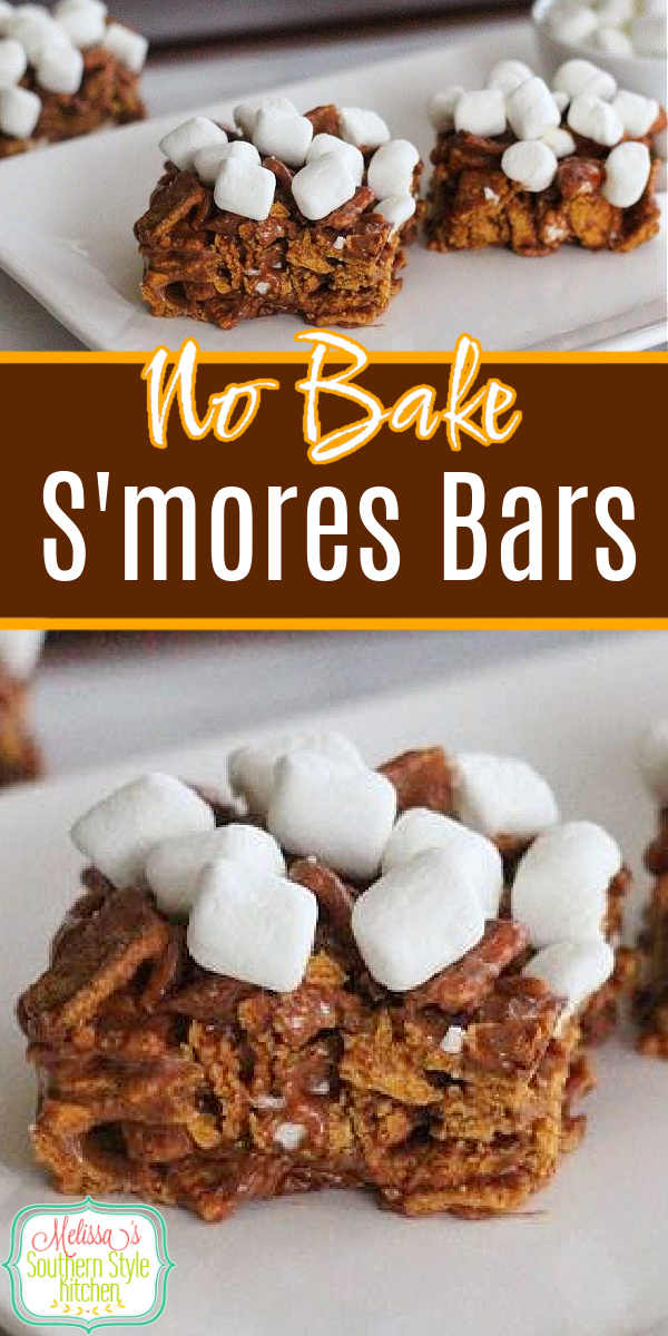 No campfire needed to make these No-Bake S'mores Bars. #smoresbars #campfiresmores #marshmallows #cereal #easysmores #desserts #dessertfoodrecipes #smores #chocolate #southernrecipes