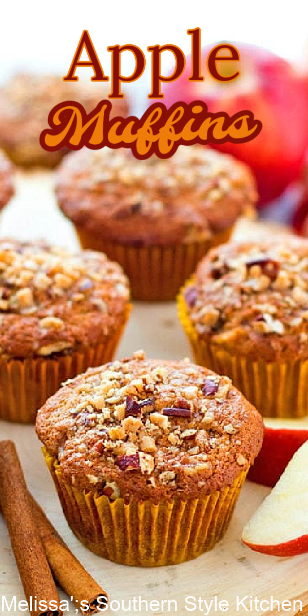 There's nothing like a fresh from the oven Apple Muffin for breakfast, brunch or a mid-afternoon treat! #applemuffins #apples #muffins #streuseltoppedmuffins #pecans #applerecipes #brunch #breakfast #fallbaking #thanksgiving #holidaybrunch #teatime #holidaybaking #southernfood #southernrecipes