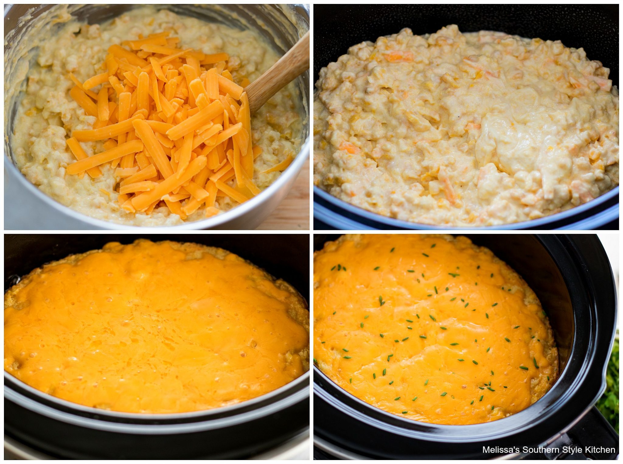 step-by-step preparation images cornbread cheese and corn in a crock pot